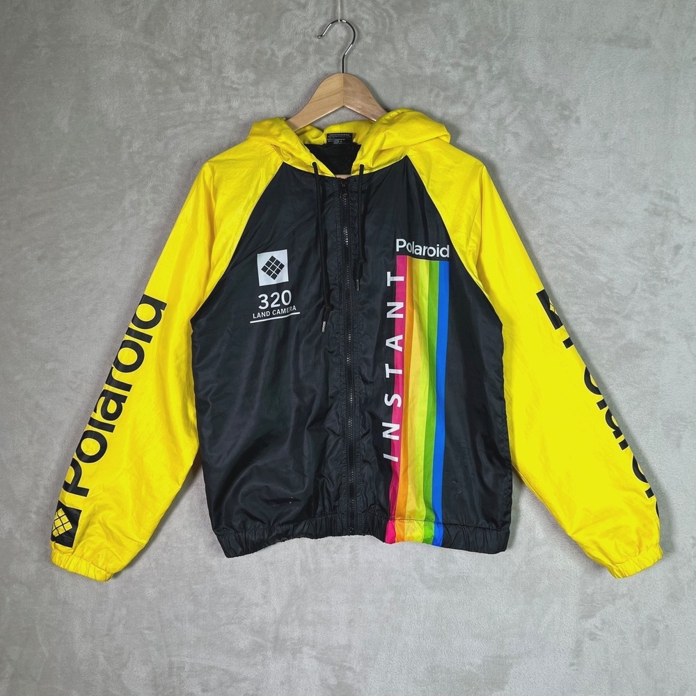 Polaroid Camera Windbreaker Jacket Hoodie Size Medium Zip Up Drawstring Pockets